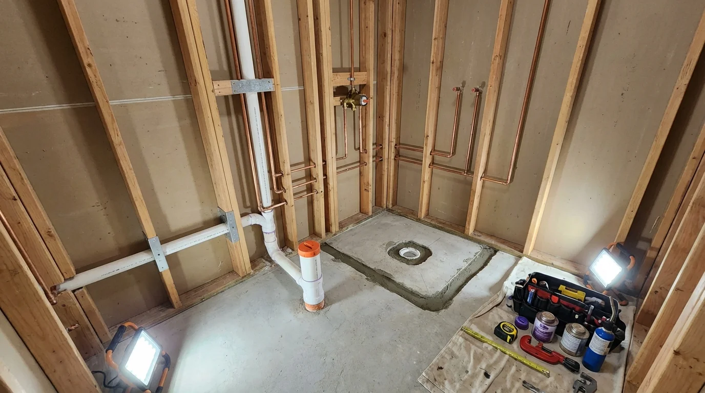 Bathroom rough-in plumbing during remodel by Johns Plumbing LLC in East Machias