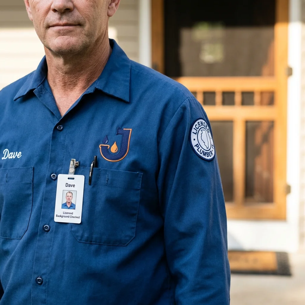 Licensed plumber showing ID badge in East Machias, ME