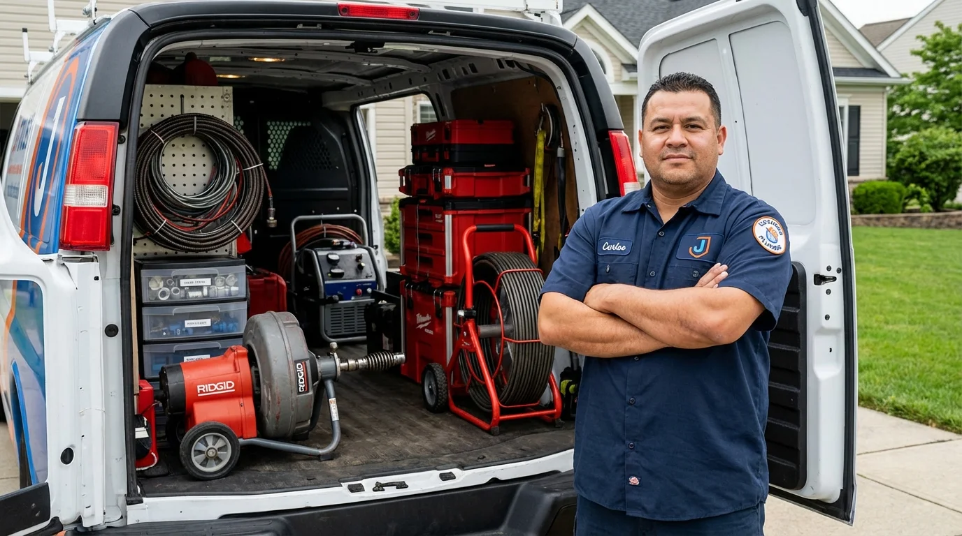 Professional drain cleaning equipment and Johns Plumbing LLC plumber in East Machias