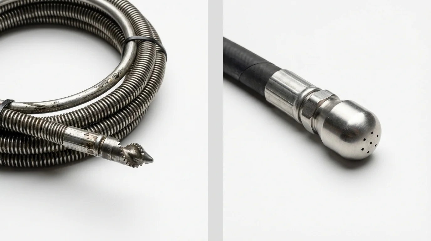 Drain snake cable and hydro jetting nozzle used for drain cleaning in East Machias, ME