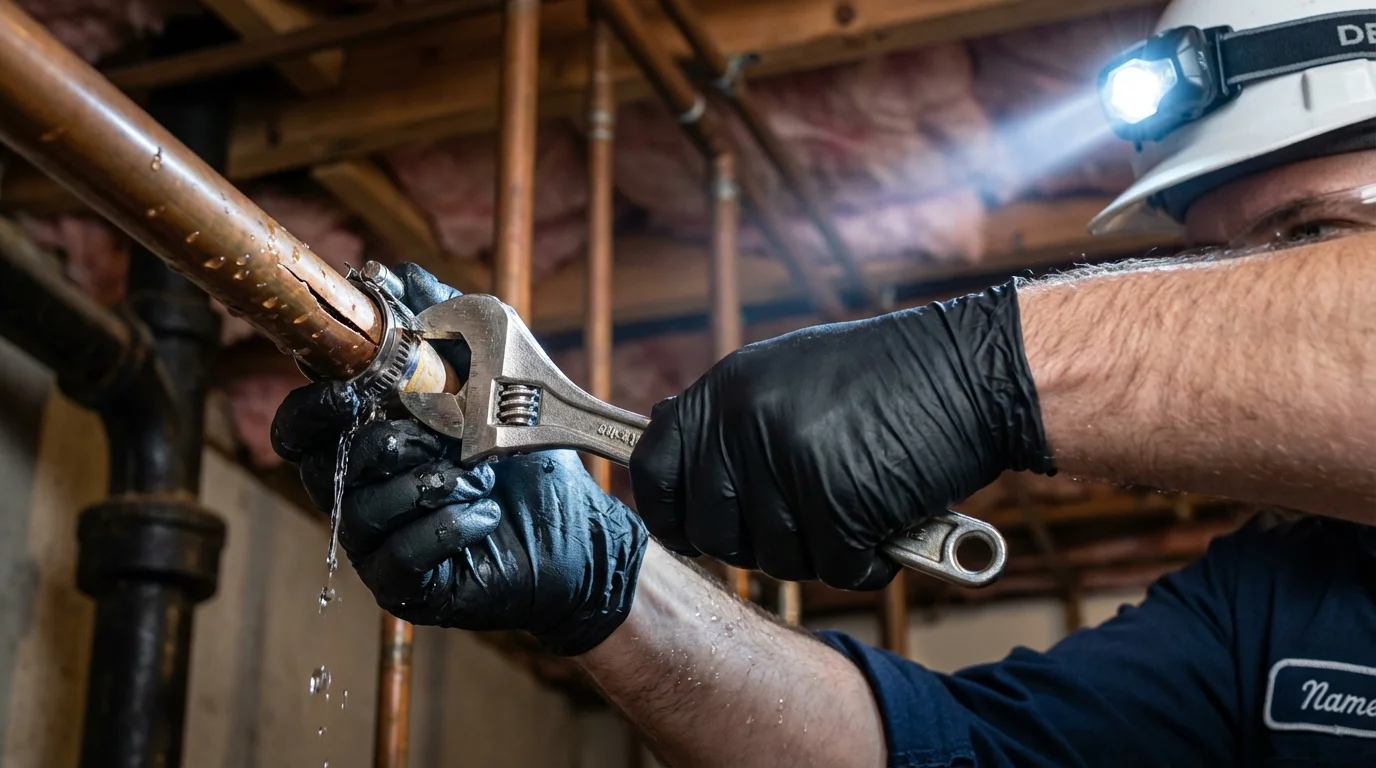 Emergency pipe clamp repair being performed by a Johns Plumbing LLC plumber in East Machias