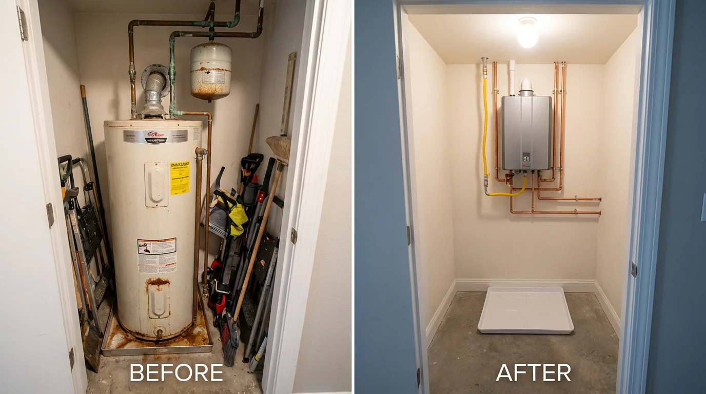Tank water heater versus wall-mounted tankless unit comparison for East Machias, ME homeowners