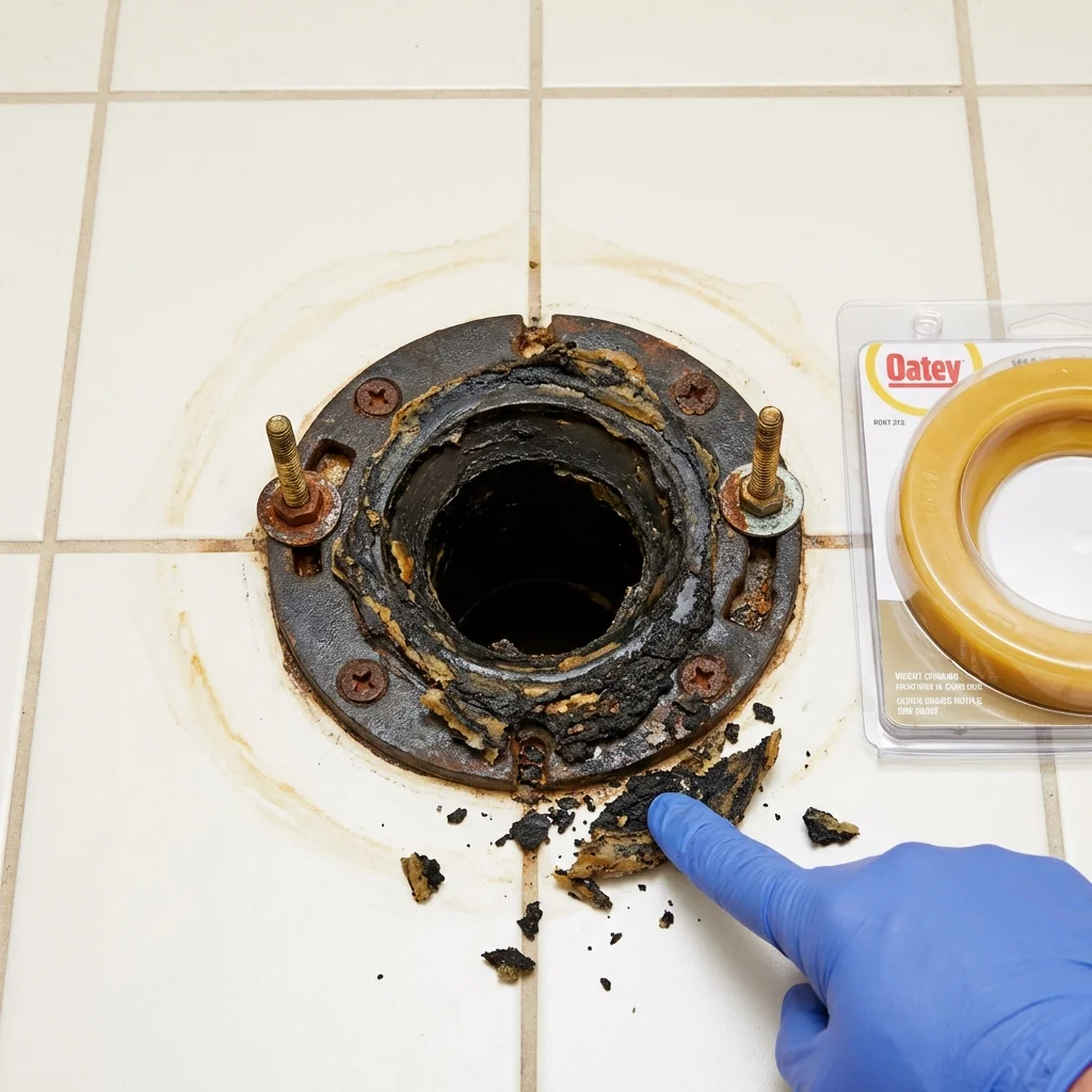 Failed wax ring showing water seepage at the base of a toilet in a East Machias, ME home
