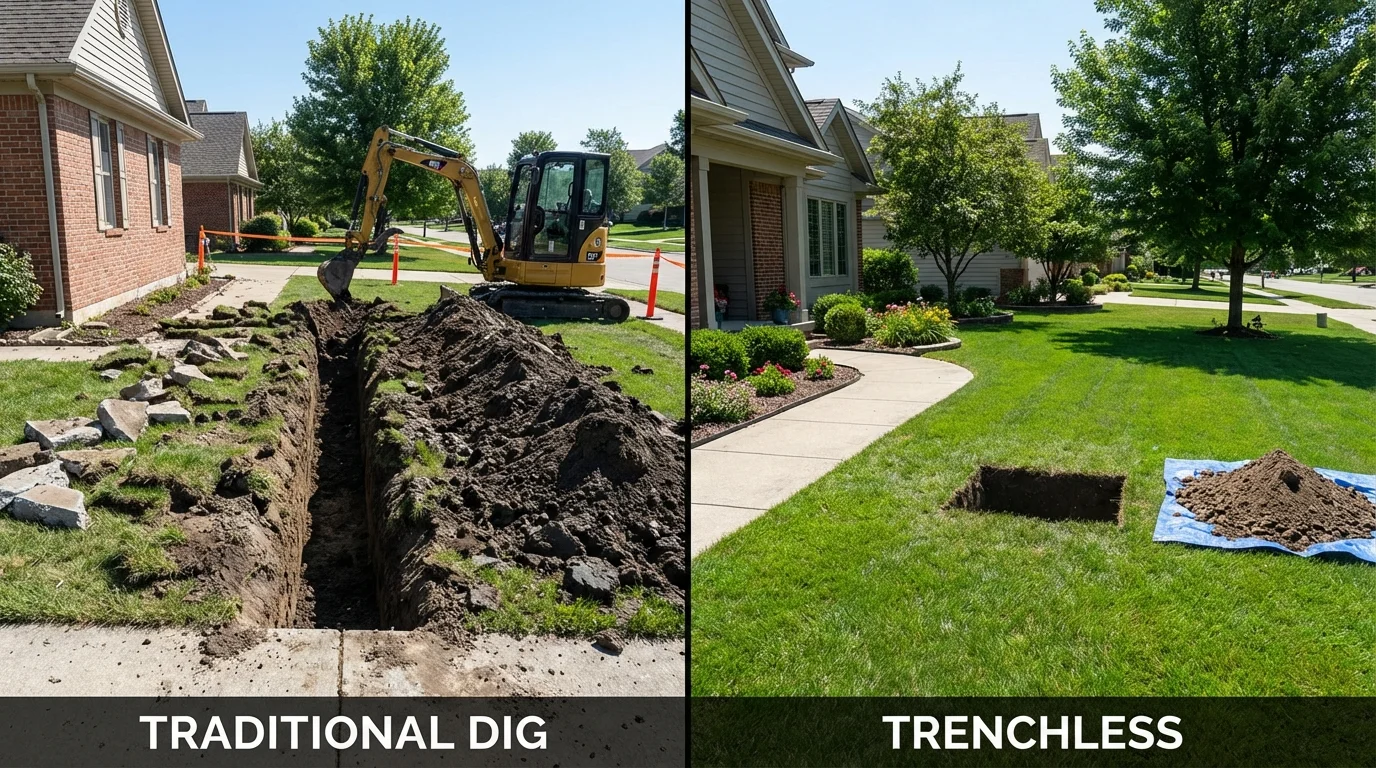 Trenchless sewer repair with minimal yard damage versus traditional excavation in East Machias, ME