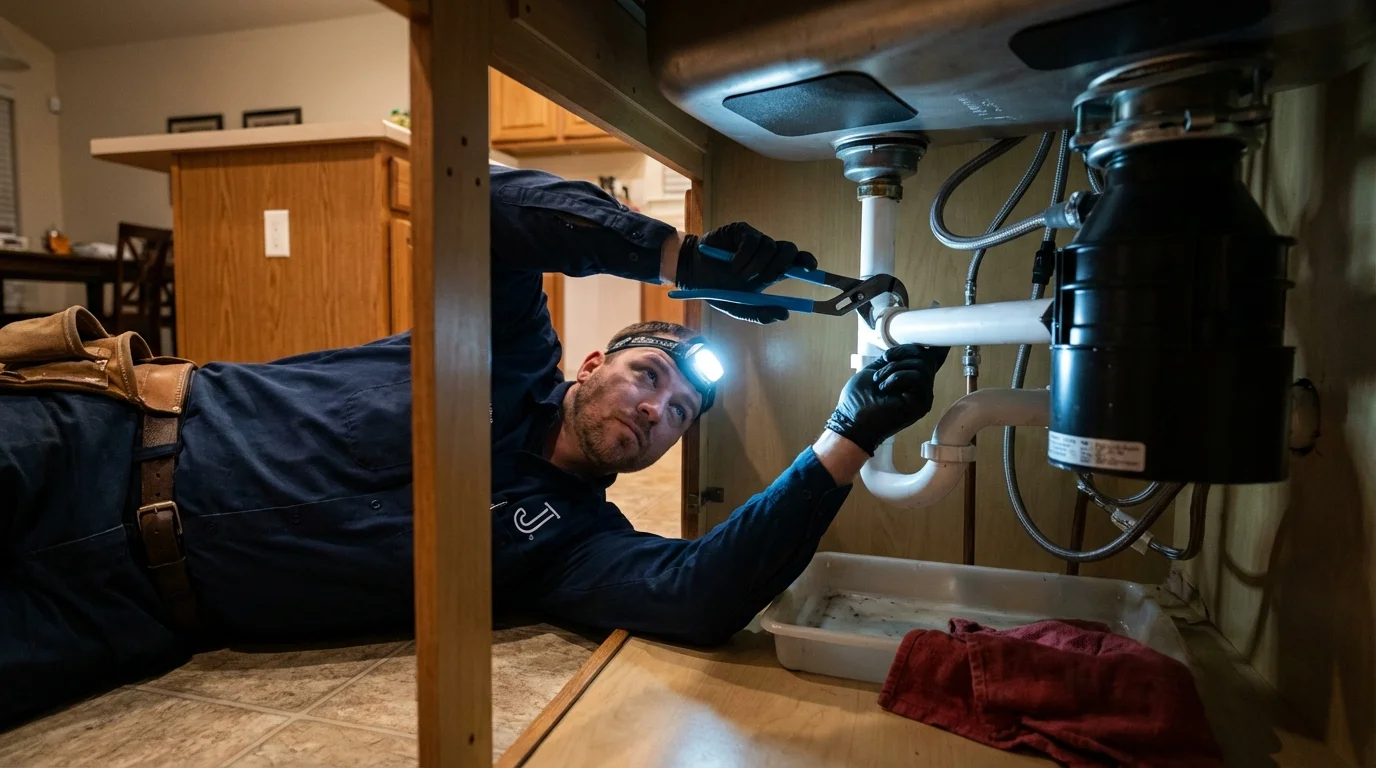 P-trap and supply line connections under a kitchen sink showing a common leak point in East Machias, ME